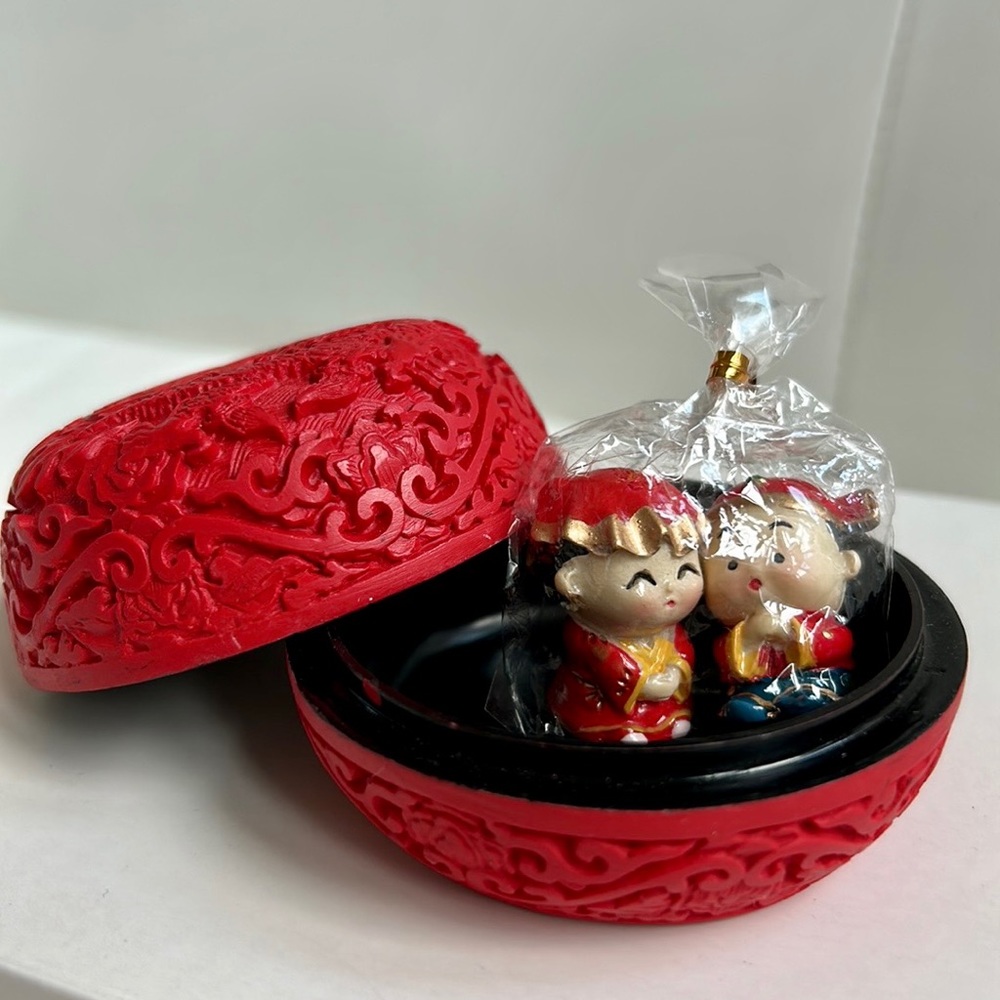 Chinese dragon lacquerware box with bonus wedding dolls inside
